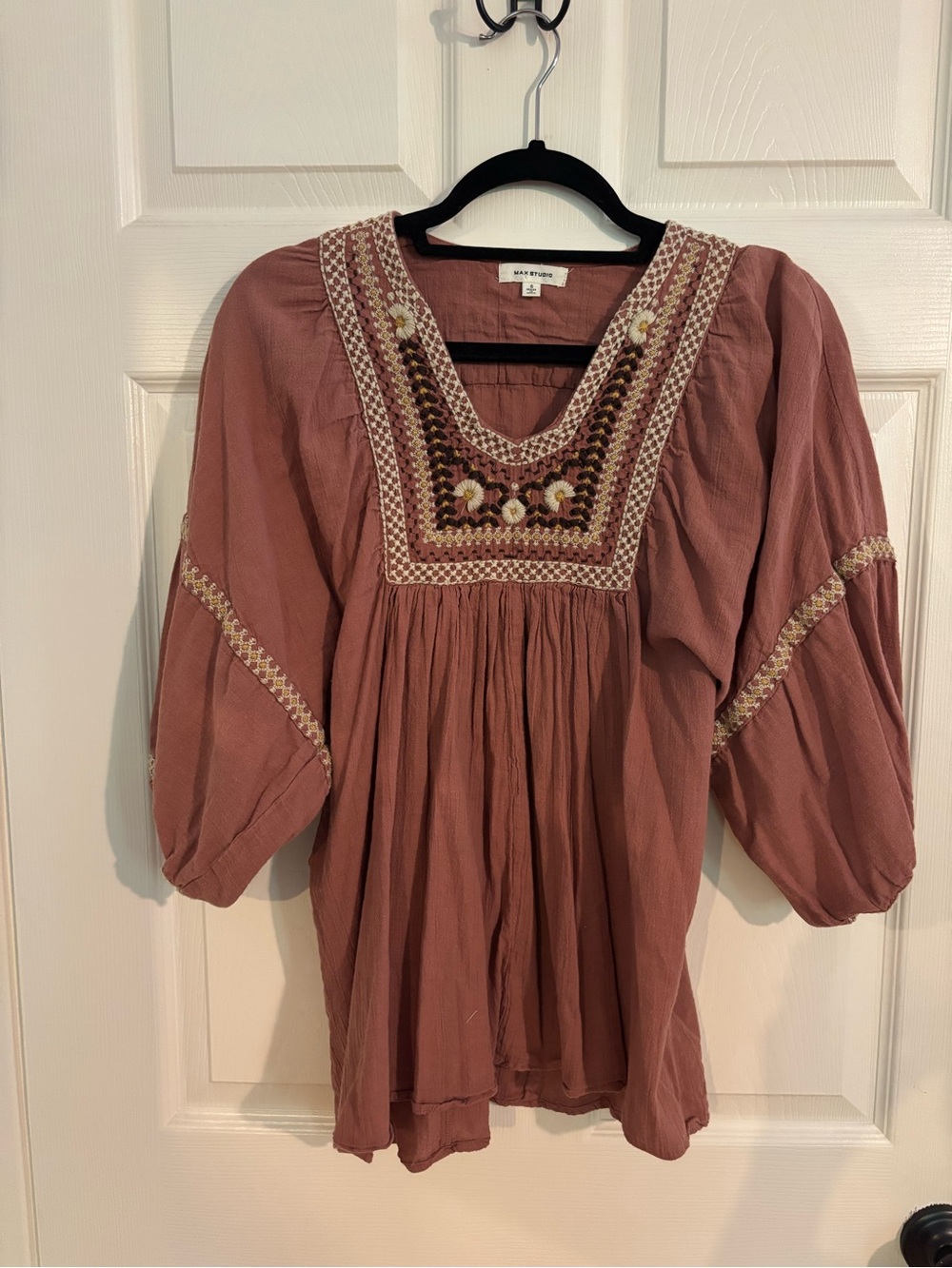 Max Studio Embroidered Boho Peasant Top